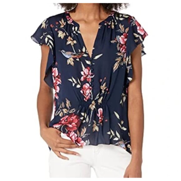 Joie Women's Navy Floral CRISBELL Silk Flutter Sleeve Blouse, Size Medium - Picture 1 of 9